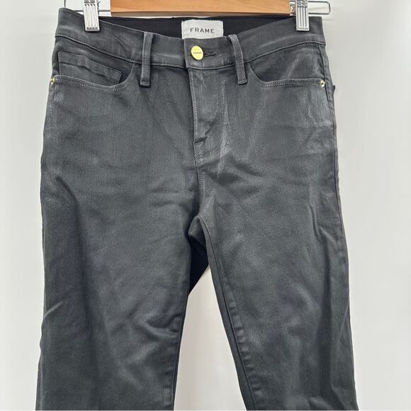 Frame Noir Coated Le Skinny de Jeanne Mid Rise Black Skinny Jeans Size 26 - Picture 2 of 11